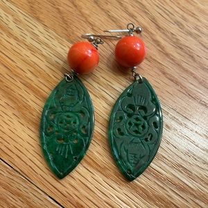 Green and orange silver accents leaf drop earrings 1.5 inches